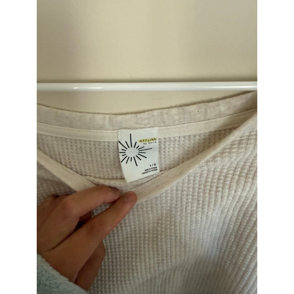 OFFLINE by Aerie Wow! Waffle Knit Pullover Beige Long-Sleeve Lounge Casual- Sz L - Picture 3 of 11